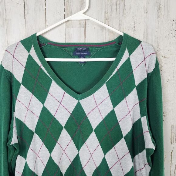 Tommy Hilfiger Argyle V-neck Sweater Green Size XL - Picture 4 of 9